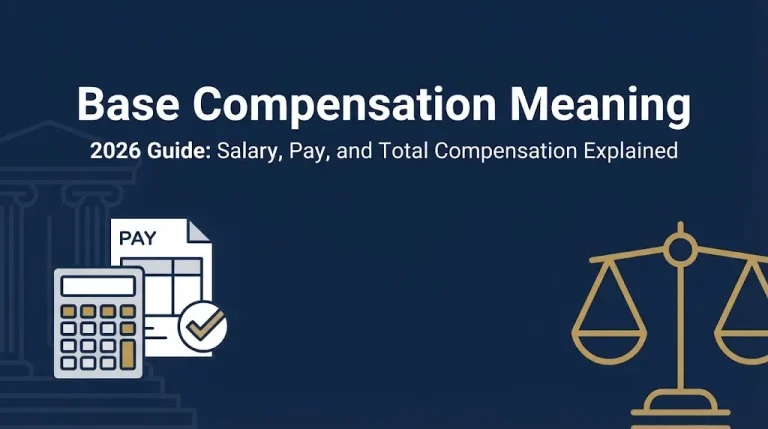 Base compensation meaning 2026 guide banner with calculator and pay stub illustration.