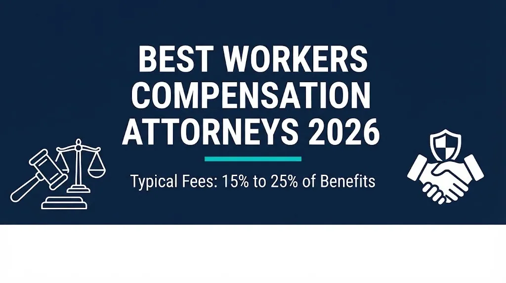 Best workers compensation attorneys 2026 guide banner showing typical attorney fee percentages and consultation information.