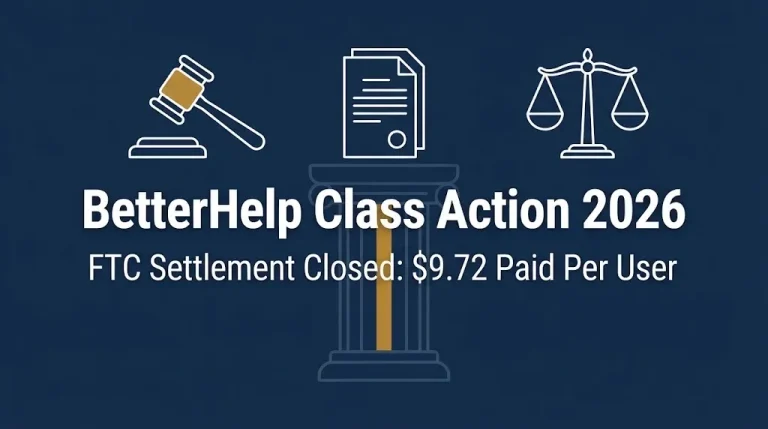 BetterHelp class action 2026 hero banner with FTC settlement closed and $9.72 per user payout detail.