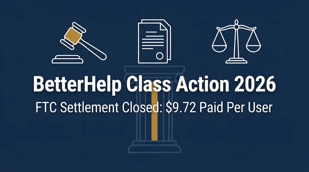 BetterHelp class action 2026 hero banner with FTC settlement closed and $9.72 per user payout detail.
