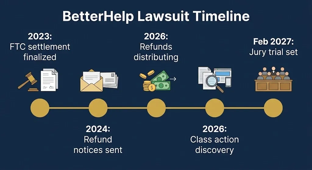 BetterHelp lawsuit timeline showing FTC refunds in 2026 and class action trial set for 2027.