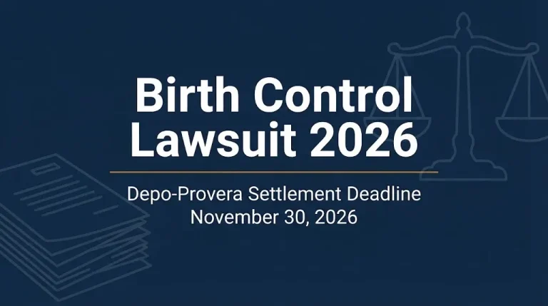 Birth control lawsuit 2026 banner showing Depo-Provera settlement deadline of November 30, 2026.