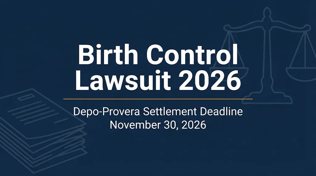 Birth control lawsuit 2026 banner showing Depo-Provera settlement deadline of November 30, 2026.