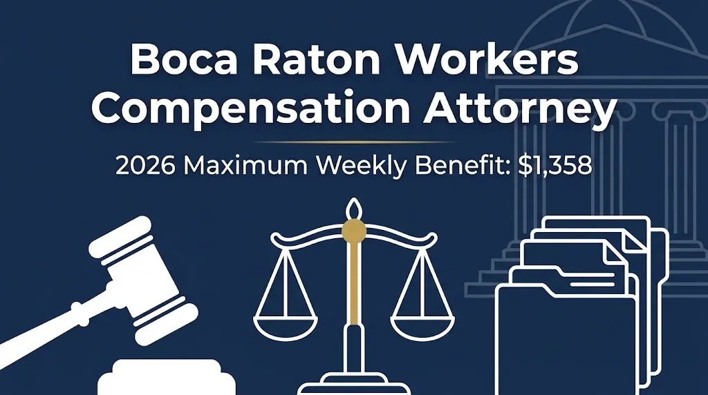 Boca Raton workers compensation attorney 2026 hero banner showing $1,358 maximum weekly benefit
