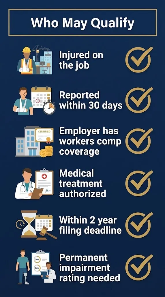Boca Raton workers compensation claim eligibility checklist for 2026 showing six key criteria