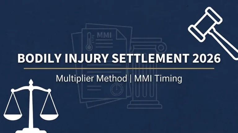 Bodily injury settlement 2026 hero banner with gavel, scales, and multiplier method reference