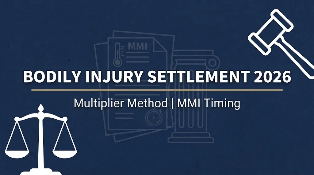 Bodily injury settlement 2026 hero banner with gavel, scales, and multiplier method reference