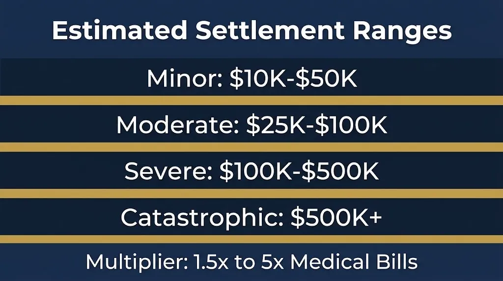 Bodily injury settlement payout tiers infographic with multiplier method and four severity ranges