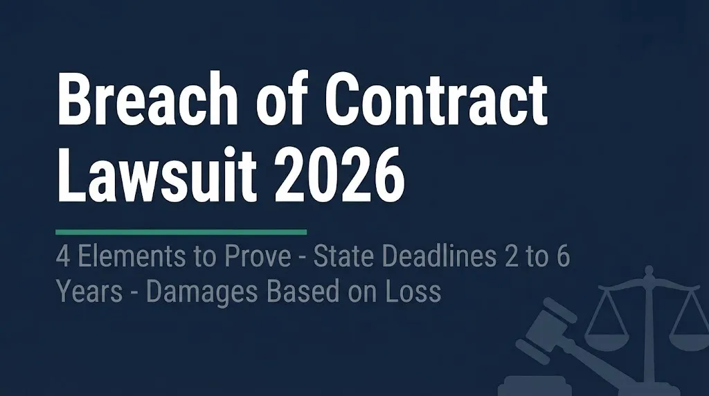 Breach of contract lawsuit 2026 banner showing four elements and state filing deadlines.