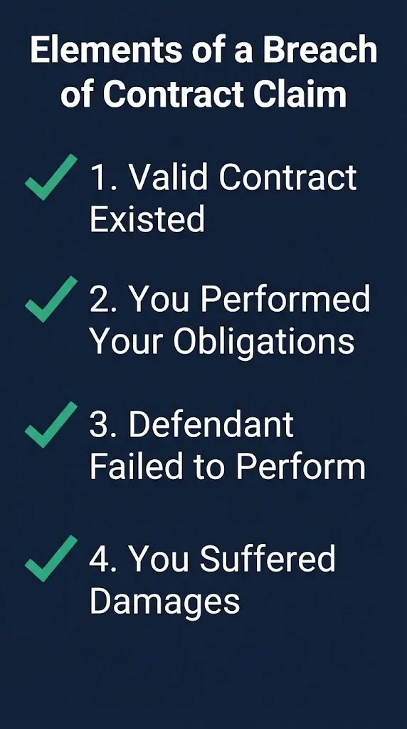 Breach of contract lawsuit four elements checklist showing what you must prove in court.
