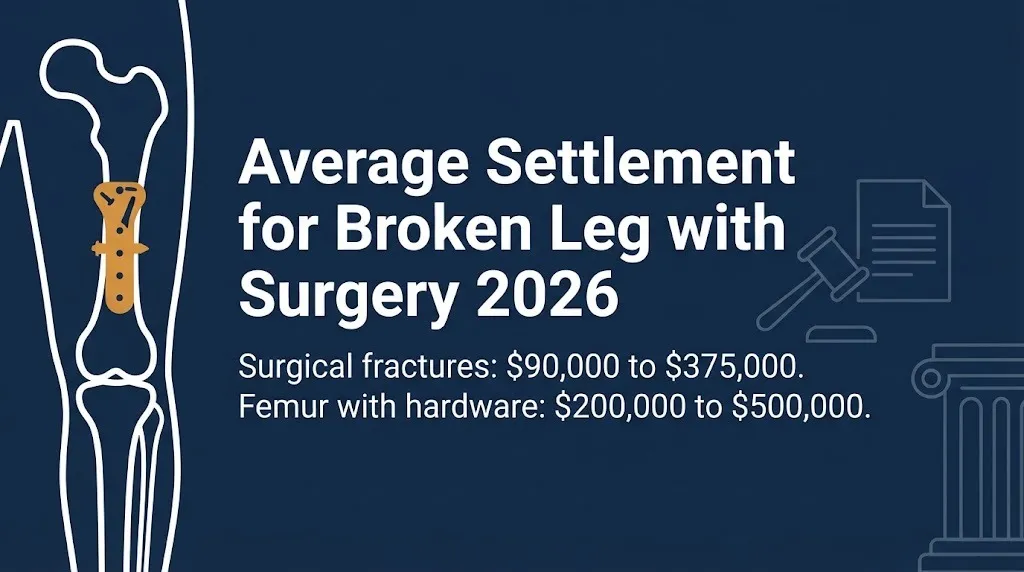 Broken leg with surgery settlement ranges for 2026 showing $90,000 to $375,000 typical payout.