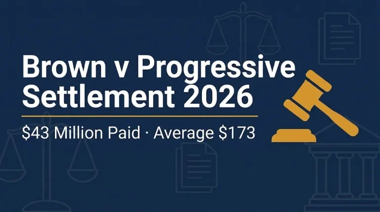 Brown v Progressive settlement 2026 banner showing $43 million paid with average $173 payout.