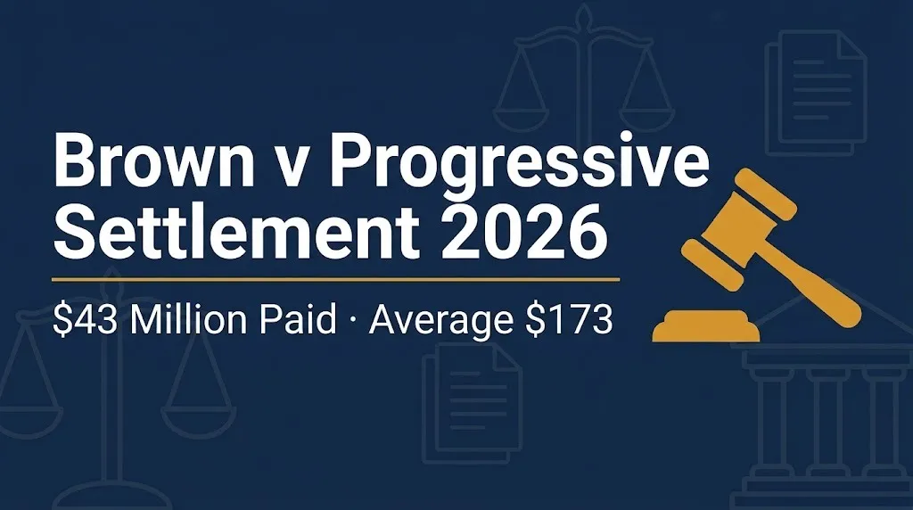 Brown v Progressive settlement 2026 banner showing $43 million paid with average $173 payout.