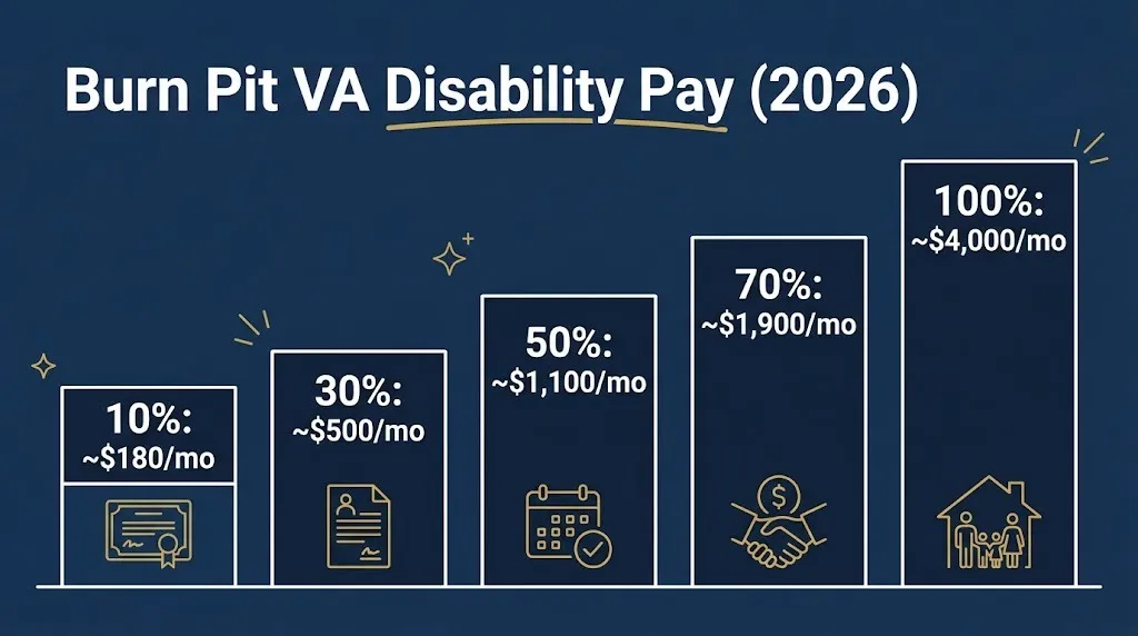 Burn pit compensation 2026 VA disability pay tiers from 10 percent to 100 percent.