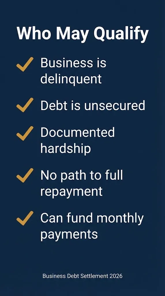 Business debt settlement eligibility checklist showing who may qualify in 2026