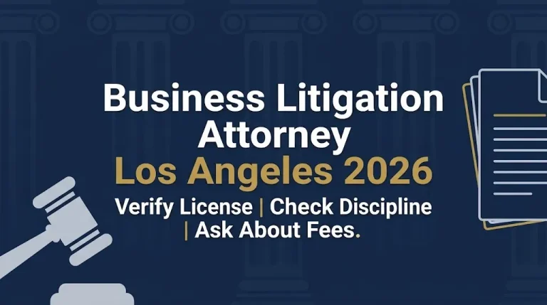 Business litigation attorney Los Angeles 2026 banner with license verification and fee checklist.