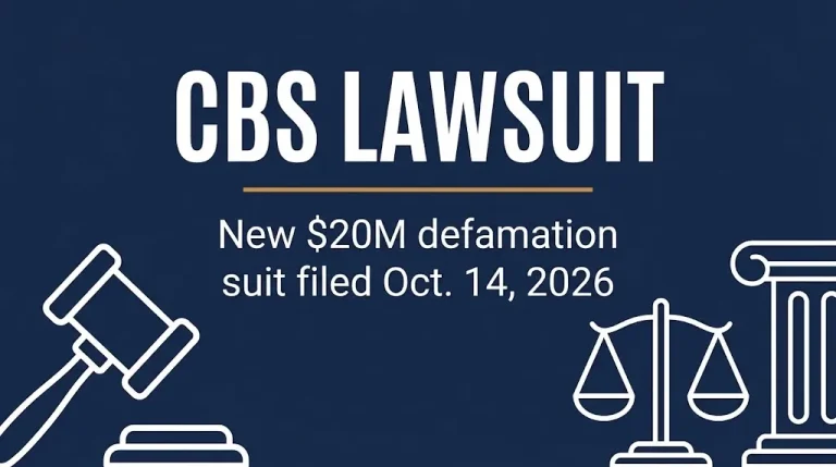 CBS lawsuit 2026 banner with gavel and scales noting a new $20M defamation suit filed October 14, 2026