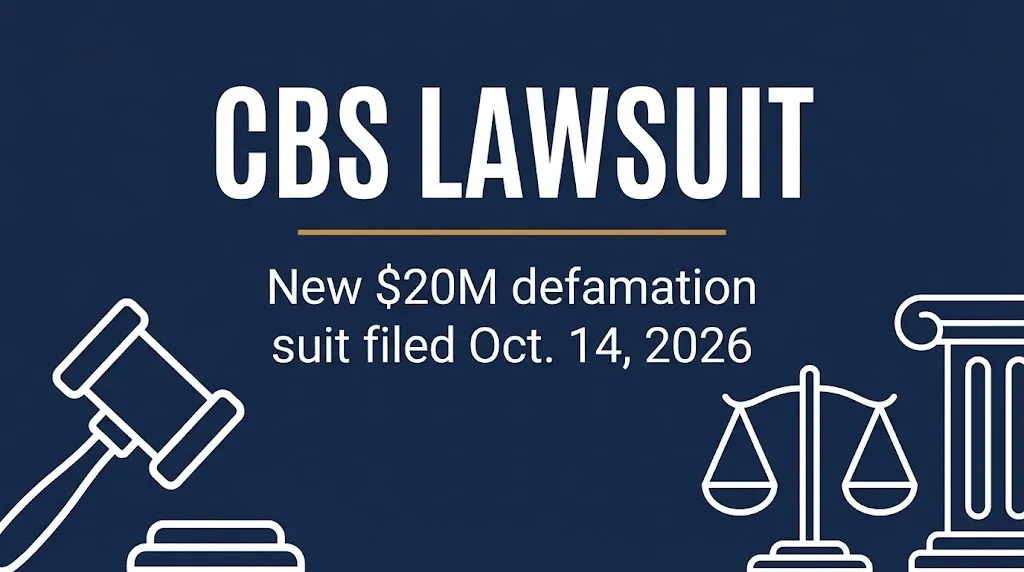CBS lawsuit 2026 banner with gavel and scales noting a new $20M defamation suit filed October 14, 2026