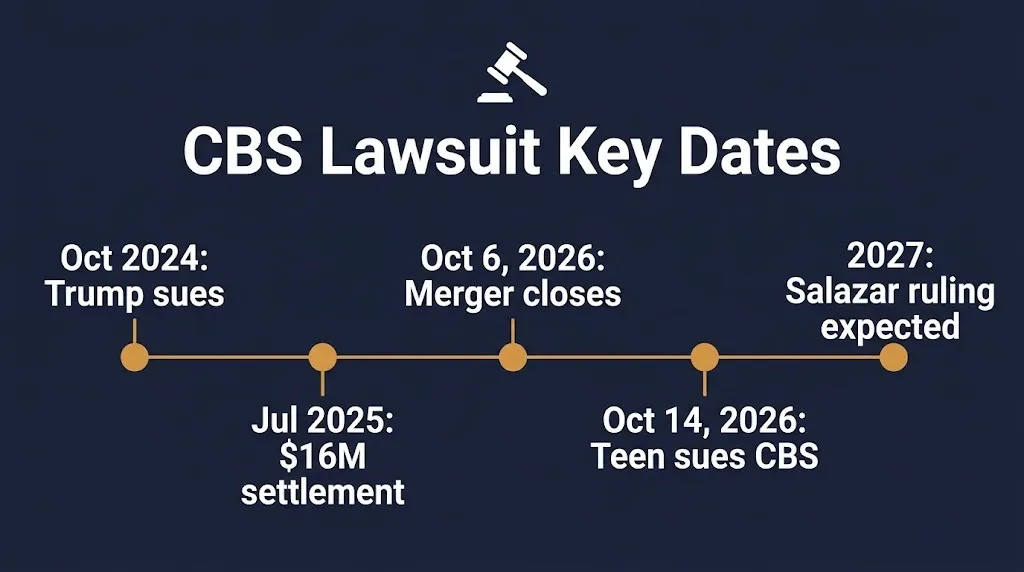 CBS lawsuit timeline Trump sues 2024, $16M settlement 2025, merger closes and teen sues October 2026