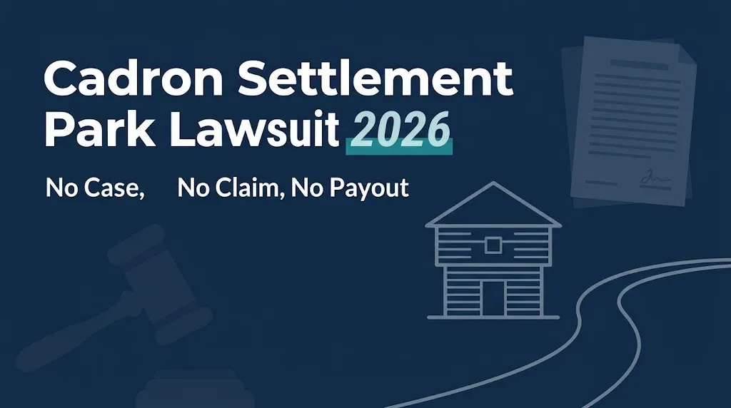 Cadron Settlement Park lawsuit 2026 banner stating no case, no claim, and no payout exists.