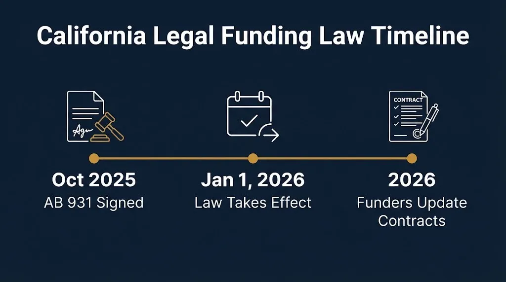 California pre settlement funding law timeline showing AB 931 effective January 2026
