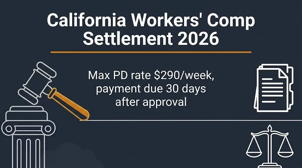 California workers comp settlement 2026 banner showing PD rate and 30-day payment rule.