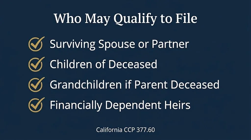 California wrongful death lawsuit eligibility checklist infographic with four claimant categories