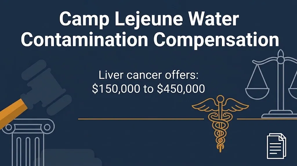 Camp Lejeune water contamination compensation banner showing liver cancer offers of $150,000 to $450,000