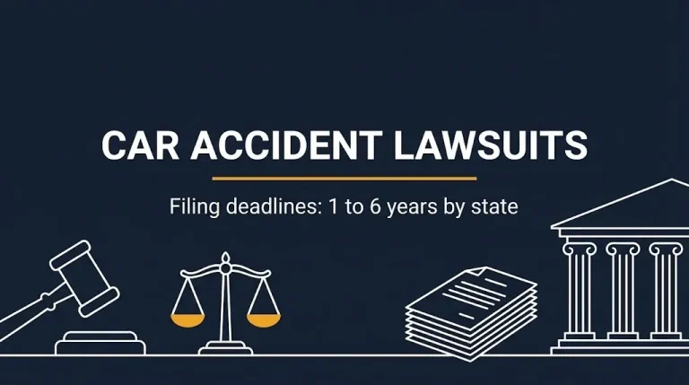 Car accident lawsuits 2026 banner showing filing deadlines range from one to six years by state.