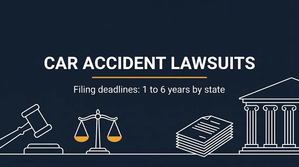 Car accident lawsuits 2026 banner showing filing deadlines range from one to six years by state.