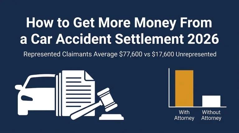 Car accident settlement 2026 banner showing the $77,600 versus $17,600 average gap between represented and unrepresented.