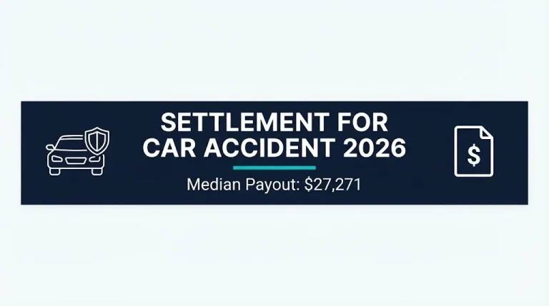 Car accident settlement 2026 guide banner showing median payout of $27,271 and settlement timelines.