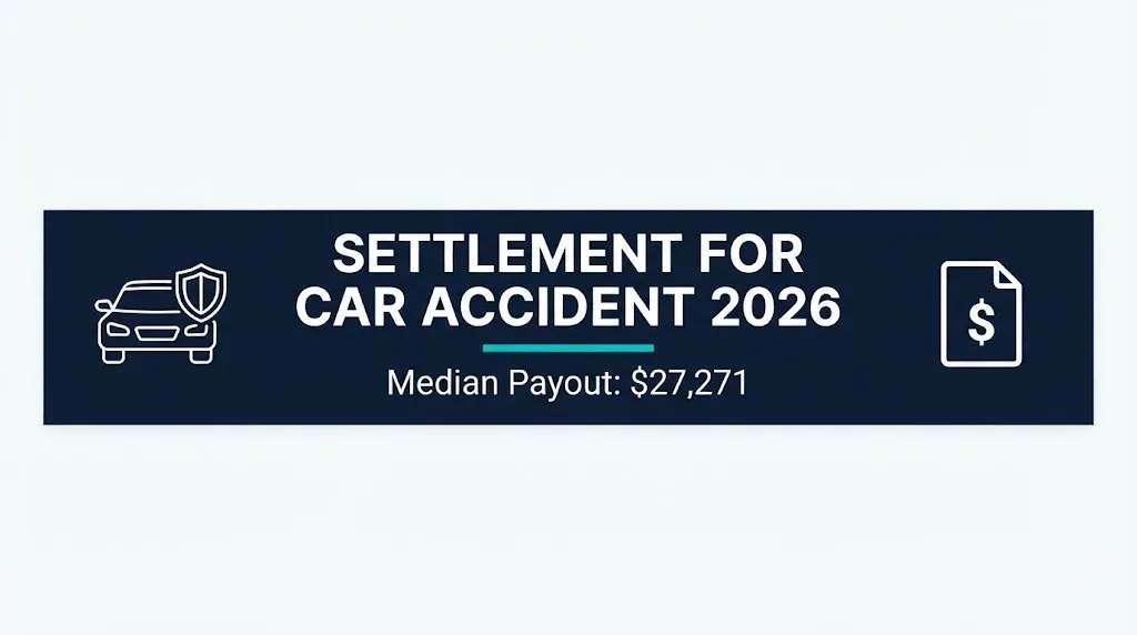 Car accident settlement 2026 guide banner showing median payout of $27,271 and settlement timelines.