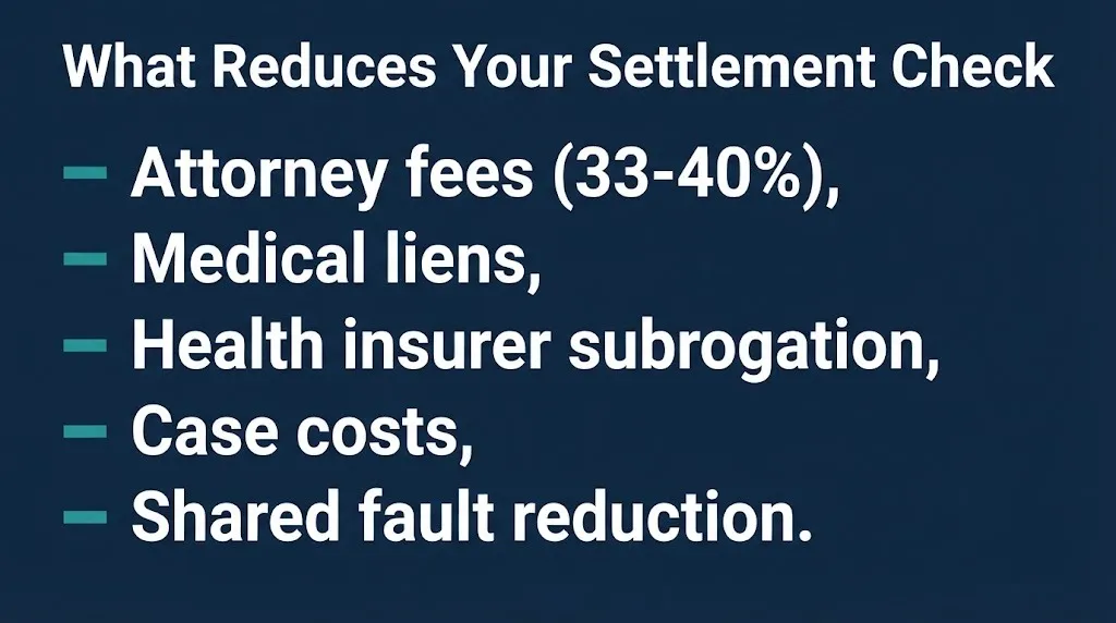 Car accident settlement deductions checklist showing five items that reduce your final payout check.