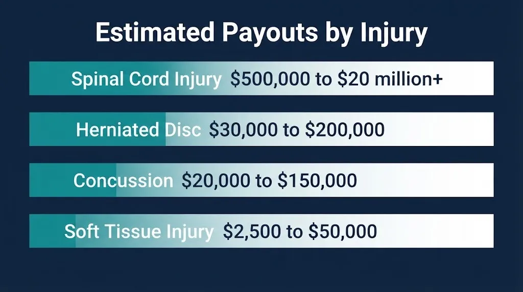 Car accident settlement payout tiers by injury severity in 2026, from soft tissue to spinal cord injury.