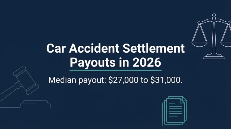 Car accident settlement payouts 2026 banner showing median payout range of $27,000 to $31,000.