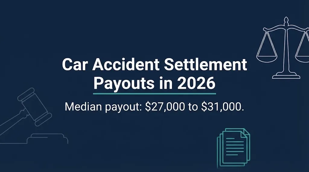 Car accident settlement payouts 2026 banner showing median payout range of $27,000 to $31,000.