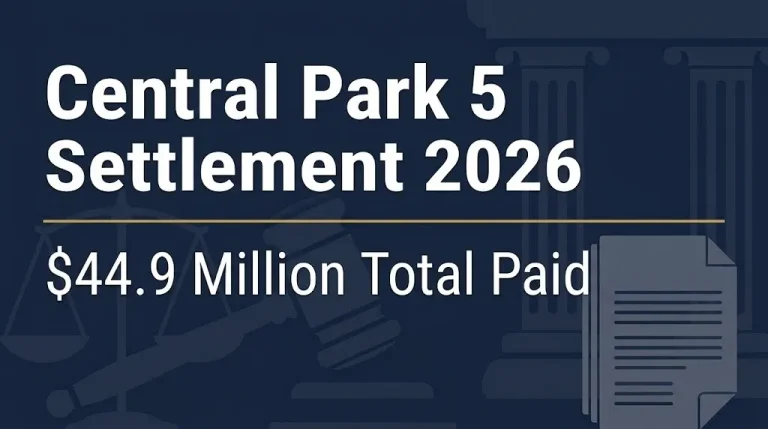 Central Park 5 settlement 2026 banner showing $44.9 million total paid.