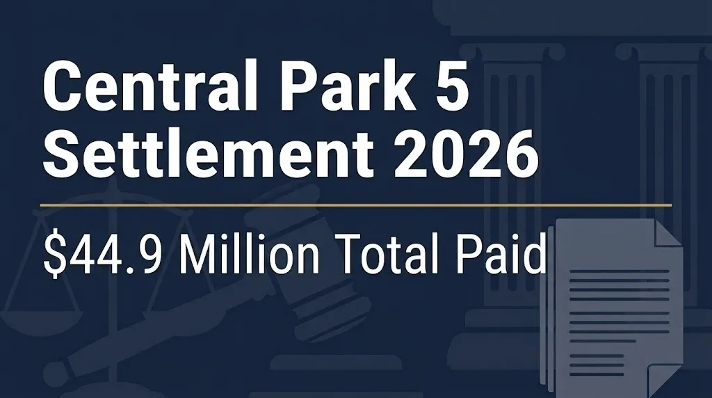 Central Park 5 settlement 2026 banner showing $44.9 million total paid.