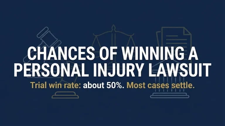 Chances of winning a personal injury lawsuit banner noting about a 50% trial win rate and that most cases settle