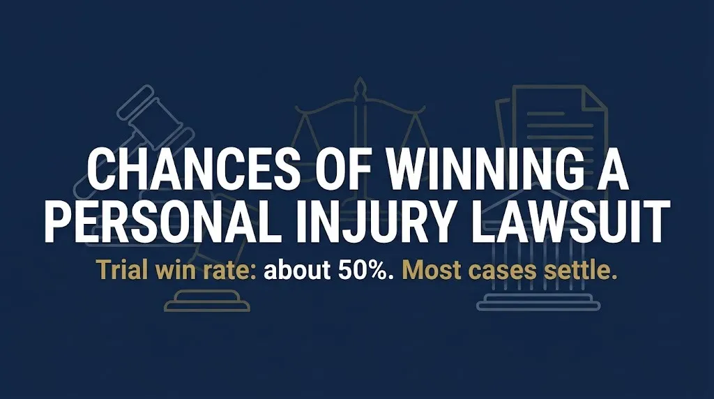 Chances of winning a personal injury lawsuit banner noting about a 50% trial win rate and that most cases settle