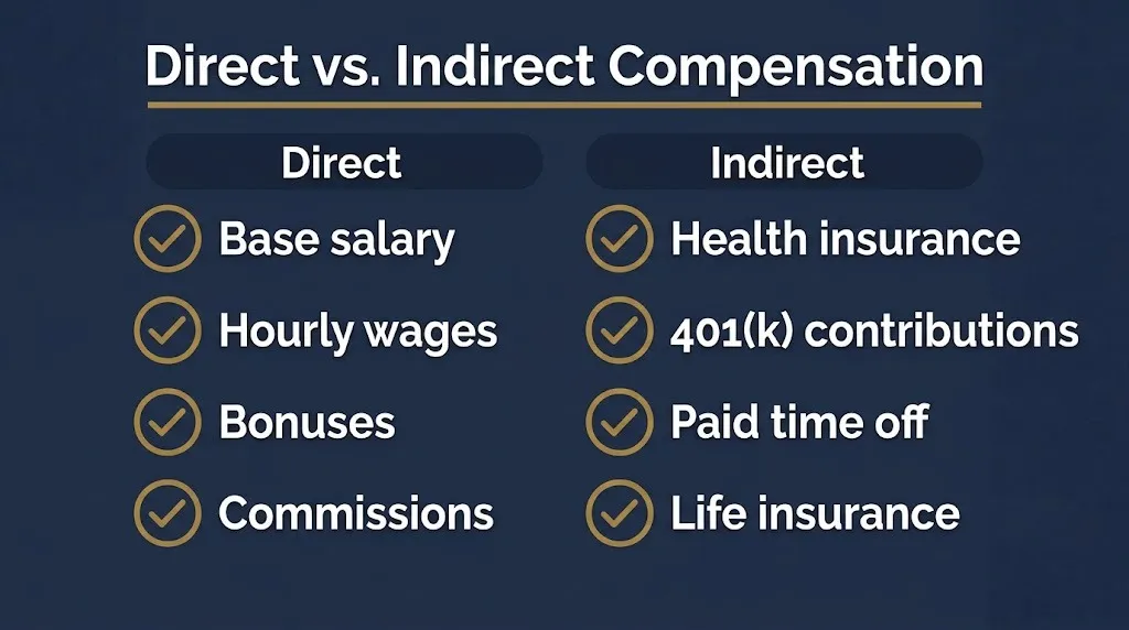 Checklist comparing direct and indirect compensation examples in 2026.