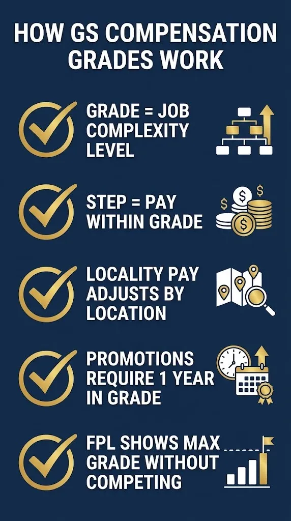 Checklist explaining how GS compensation grades work, including grades, steps, and locality pay.