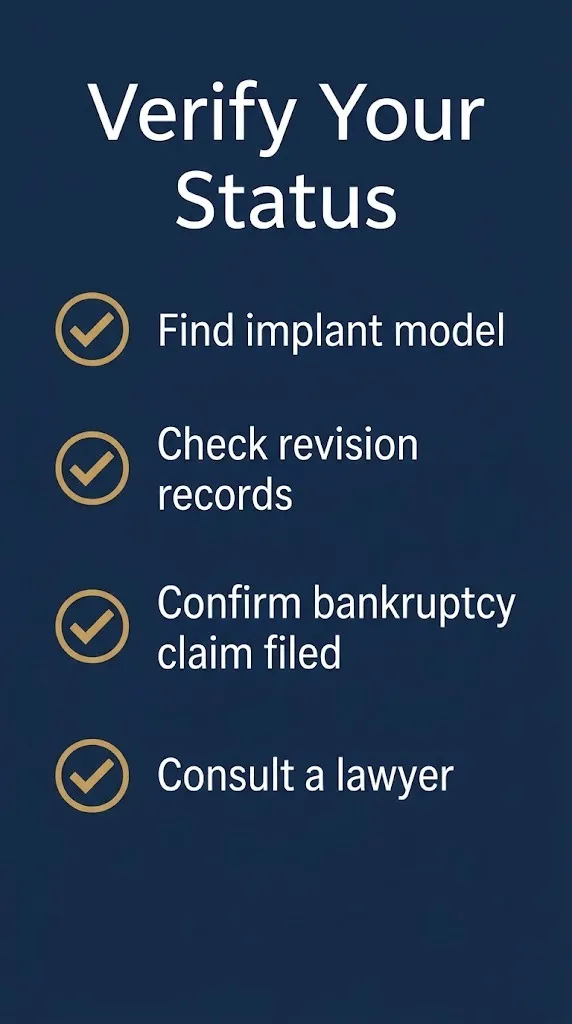 Checklist for Exactech implant patients model number, revision records, bankruptcy claim, lawyer consult.