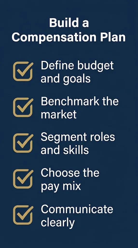 Checklist for building a compensation plan including benchmarking and pay mix decisions.