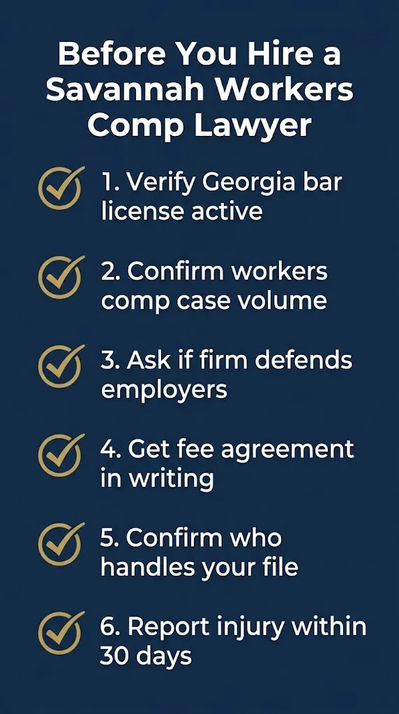 Checklist for hiring a Savannah workers compensation attorney including bar license and fee agreement.