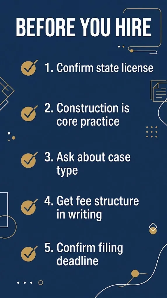 Checklist for hiring a construction litigation attorney near you license, practice focus, fees, deadline.