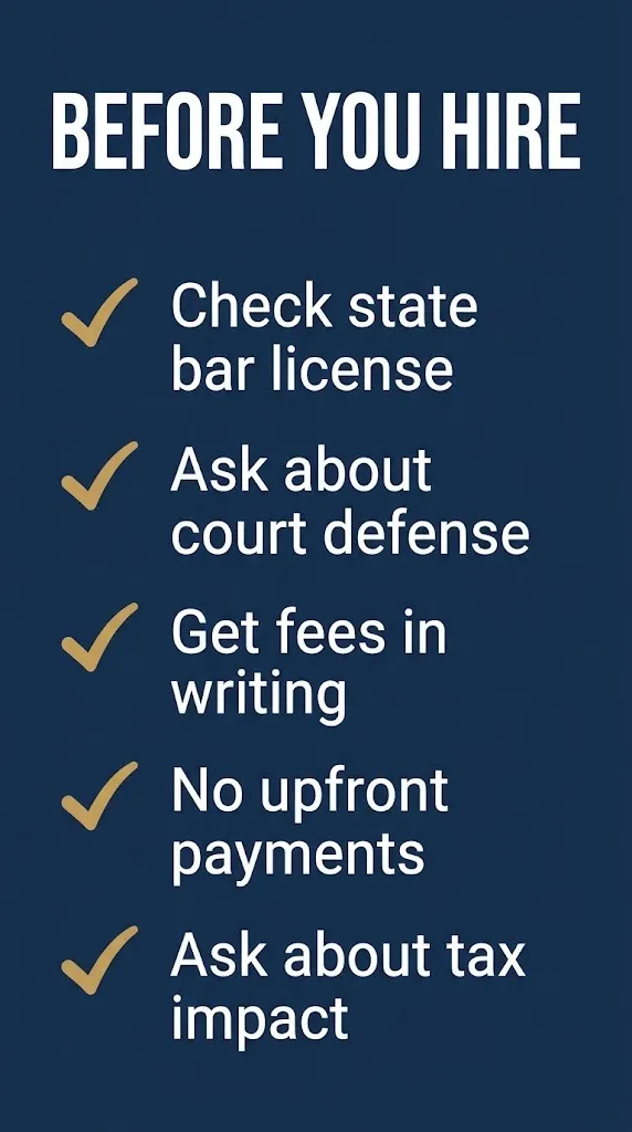 Checklist for hiring a debt settlement lawyer license, court defense, written fees, no upfront cost.
