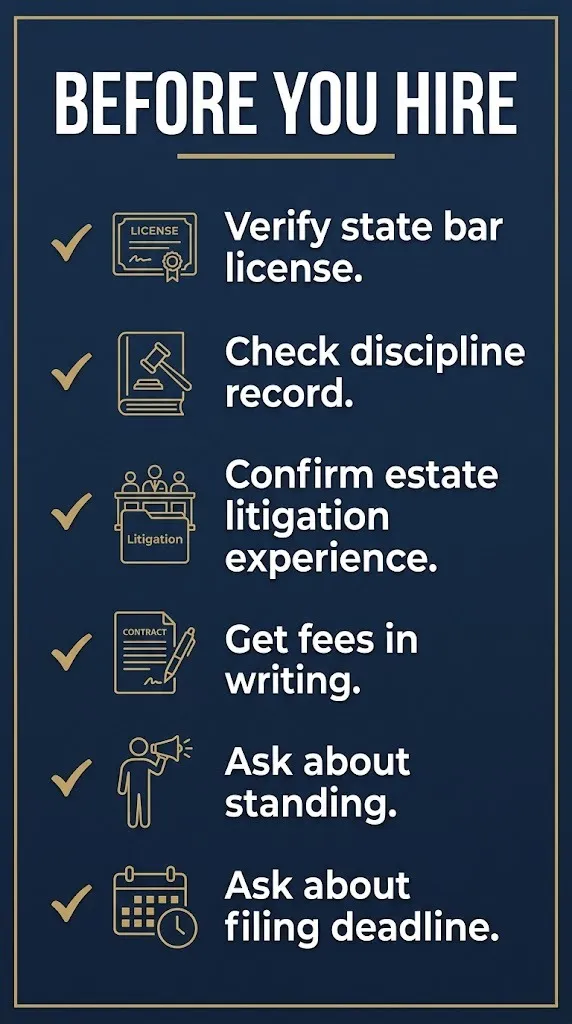 Checklist for hiring an estate litigation attorney including license and deadline verification.