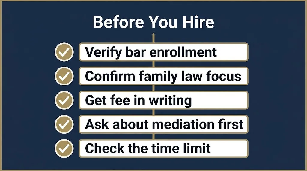 Checklist for hiring property settlement lawyers including fee transparency and time limit checks.